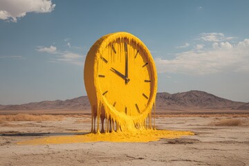 Melting yellow clock in surreal desert landscape with cracked ground and distant mountains. Vivid color contrast symbolizing liquid time distortion.