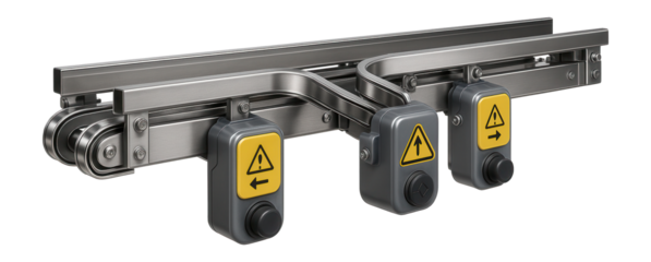 Overhead conveyor with a dual track system and automated switches for a food processing facility
