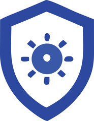 Abstract blue shield emblem with a central sunburst or starburst design symbolizing protection and energy