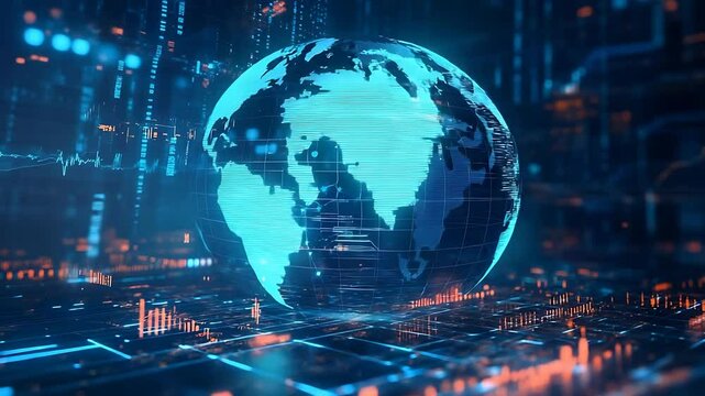 Futuristic digital globe representation with data streams and glowing circuitry in a tech environment - Powered by Adobe