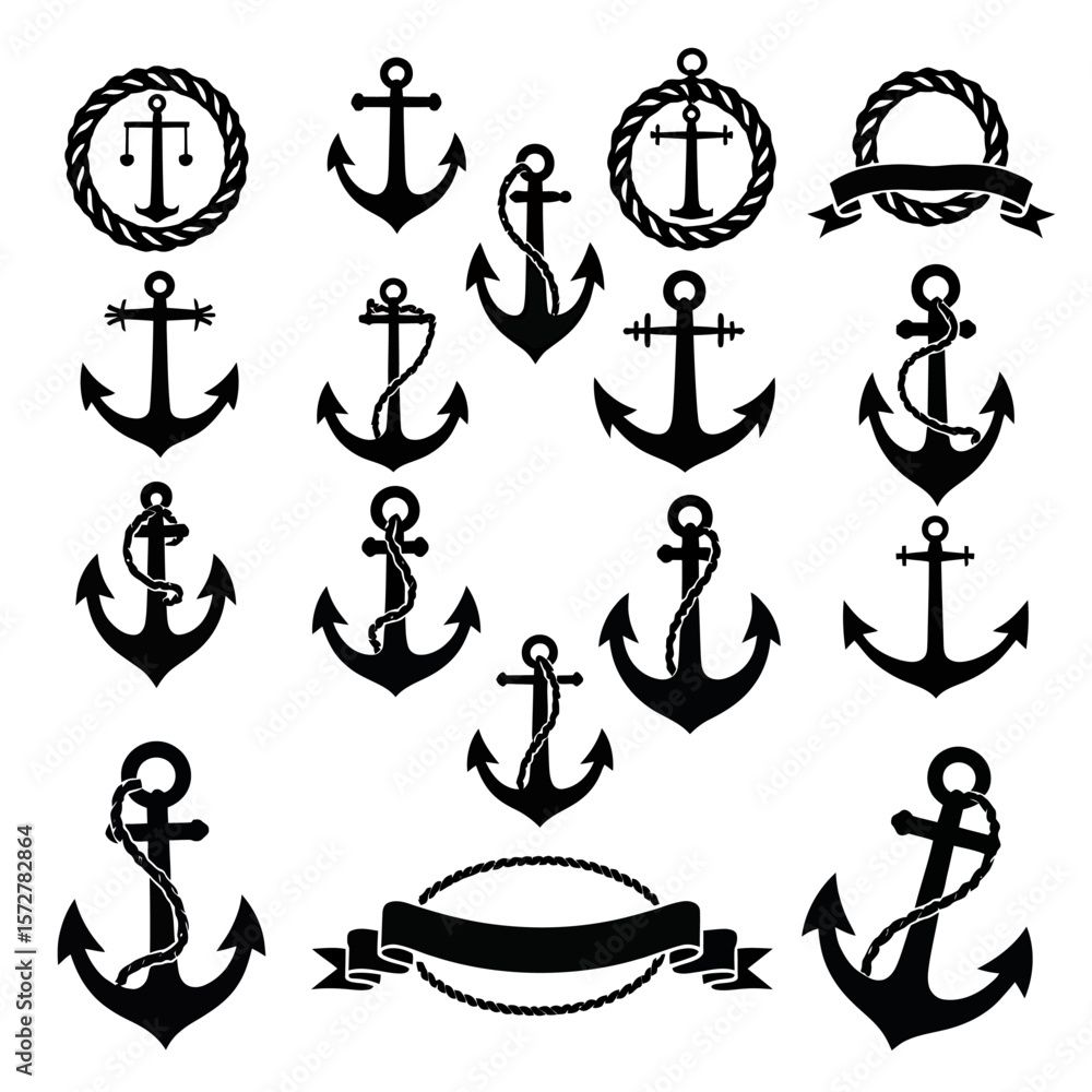 Poster a collection of diverse black anchor silhouettes, some with ropes and banners, presented as scalable
