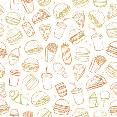 Seamless vector banner with outline fast food icons. Background with hand drawn drawings pizza, burger, hotdog, ice cream, soda, coffee. Sketch food pattern. Doodle silhouettes of takeaway ...