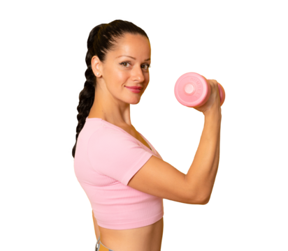Young woman wearing pink top with a dumbbell isolated on transparent background doing strong gesture. PNG. - Powered by Adobe