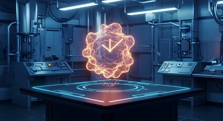 Holographic Time Projection in a Futuristic Lab, Sci-Fi Lab with Digital Clock Hologram, Futuristic Laboratory with Interacting Hologram Clock, Time Concept in High-Tech Environment