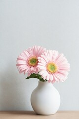 Two pink gerbera daisies in white ceramic vase on neutral background, floral home decoration