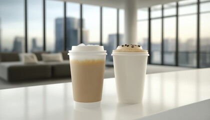 Modern Office Coffee Break with Iced Latte, Cappuccino and City View