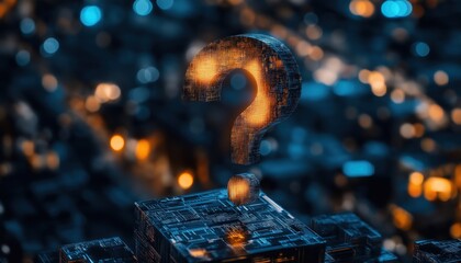 Digital Question Mark with Circuit Board Texture in Cyber Cityscape - AI Technology
