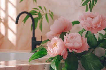 Lush Pink Peonies in Elegant Bathroom with Modern Black Faucet and Marble Counter