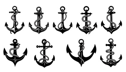 A collection of vector illustrations showcases various black anchors wrapped with ropes, presented on a clean white background, perfect for nautical designs and themes.