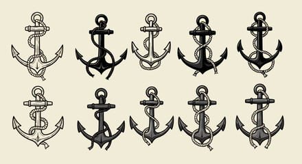 A collection of ten detailed anchor illustrations in a vintage style, perfect for nautical designs, logos, or maritime-themed projects, presented on a neutral backdrop.