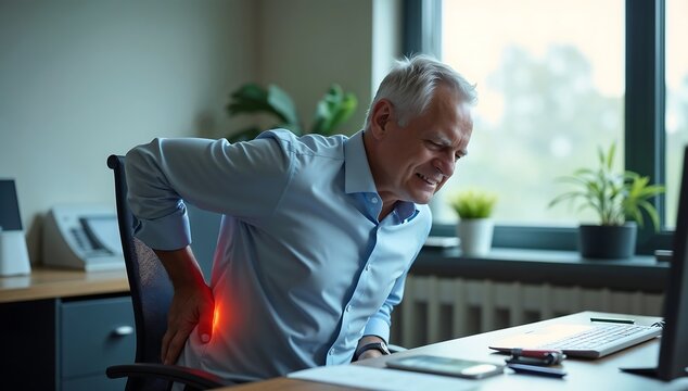 Middle-Aged Man with Back Pain in Office – Realistic Cinematic Photo of Work-Related Discomfort (Ergonomic Health Awareness)