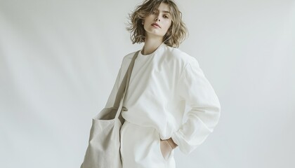 Stylish Young Woman in White Casual Wear with Canvas Tote Bag, Studio Fashion