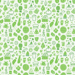 Seamless vector pattern with outline eco icons. Background with hand drawn zero waste and recycle elements. Save planet doodle silhouettes