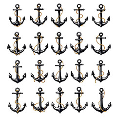 A collection of detailed vector illustrations featuring numerous black nautical anchors with gold rope, perfect for maritime designs and decorative elements on a white background.