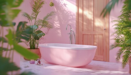 Pink Bathtub in Stylish Modern Bathroom with Green Plants, Sunlight, and Shadows - Home Sp