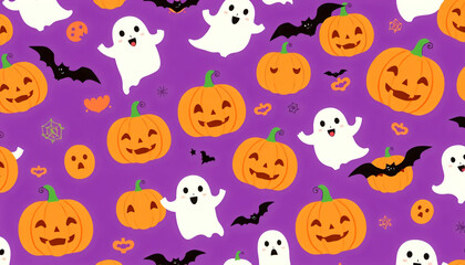 Fototapeta premium Playful seamless Halloween pattern with smiling ghosts, pumpkins, and bats on purple background