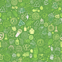 Seamless vector pattern with outline eco icons. Background with hand drawn zero waste and recycle elements. Save planet doodle silhouettes