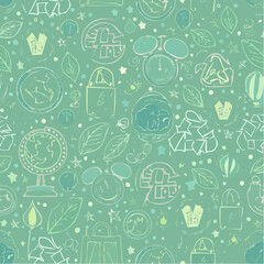 Seamless vector pattern with outline eco icons. Background with hand drawn zero waste and recycle elements. Save planet doodle silhouettes
