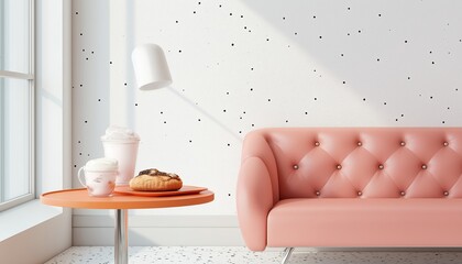 Pink Tufted Sofa and Orange Table in a Sunny Modern Interior Cafe Scene