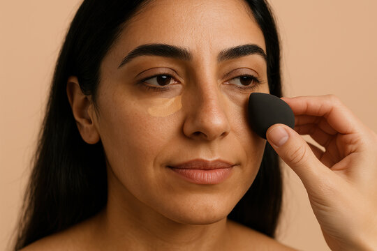 Makeup artist applying concealer under eyes of a woman with beauty blender for a flawless and natural skin complexion