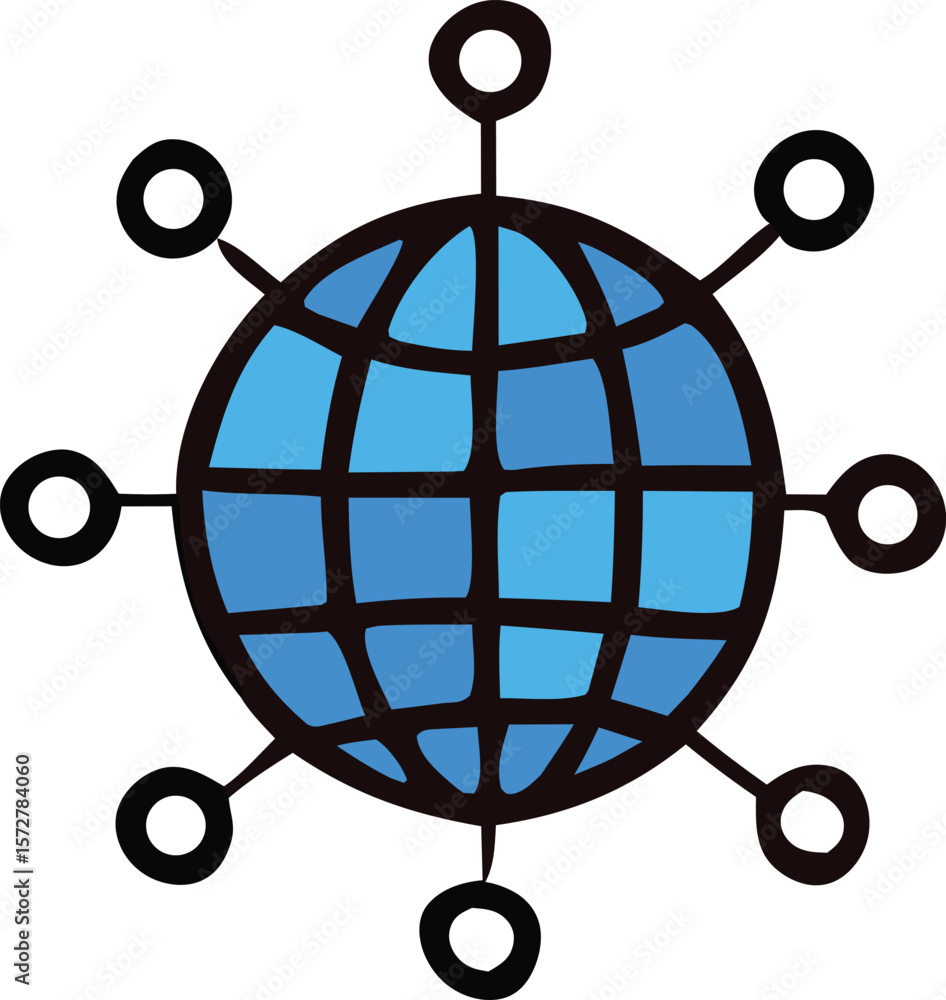 Poster stylized blue globe with black connecting lines and circles representing global network connections 