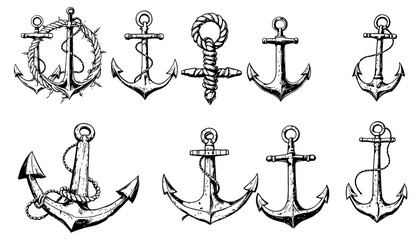 A collection of detailed anchor illustrations, presented in a classic black and white style, perfect for nautical-themed designs, offering a versatile vector set for various creative projects.