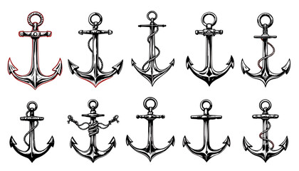 Set of vector illustrations featuring various anchor designs with intricate details, perfect for nautical themes and graphic design projects, isolated on white background.