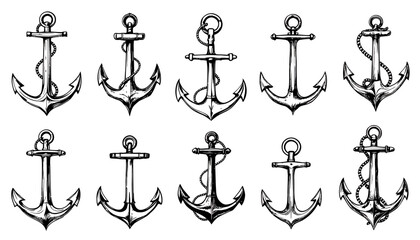 A versatile collection of hand-drawn vintage anchor illustrations, perfect for nautical-themed designs and marine graphic resources.