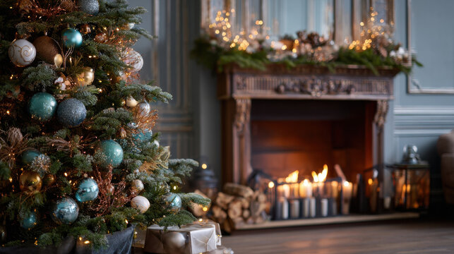 Stylish decorated christmas tree with vintage ornaments and modern decor of fireplace mantel with bells, ribbon and garland lights in evening. - Powered by Adobe