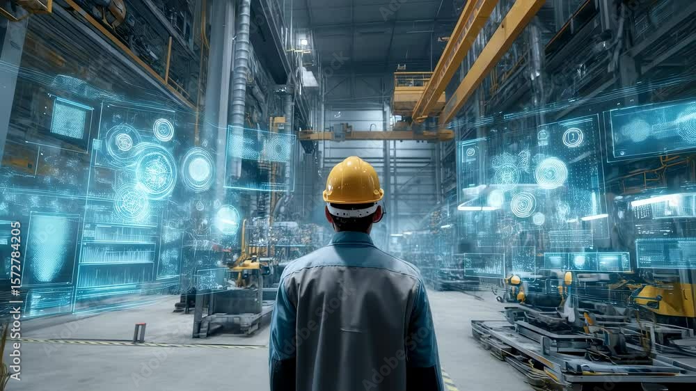 Poster surrounded by towering machinery and virtual blueprints an industrial engineer envisions the future 