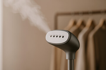 Modern handheld garment steamer emitting steam in a minimalist bedroom, clothes hanging in the background with soft lighting