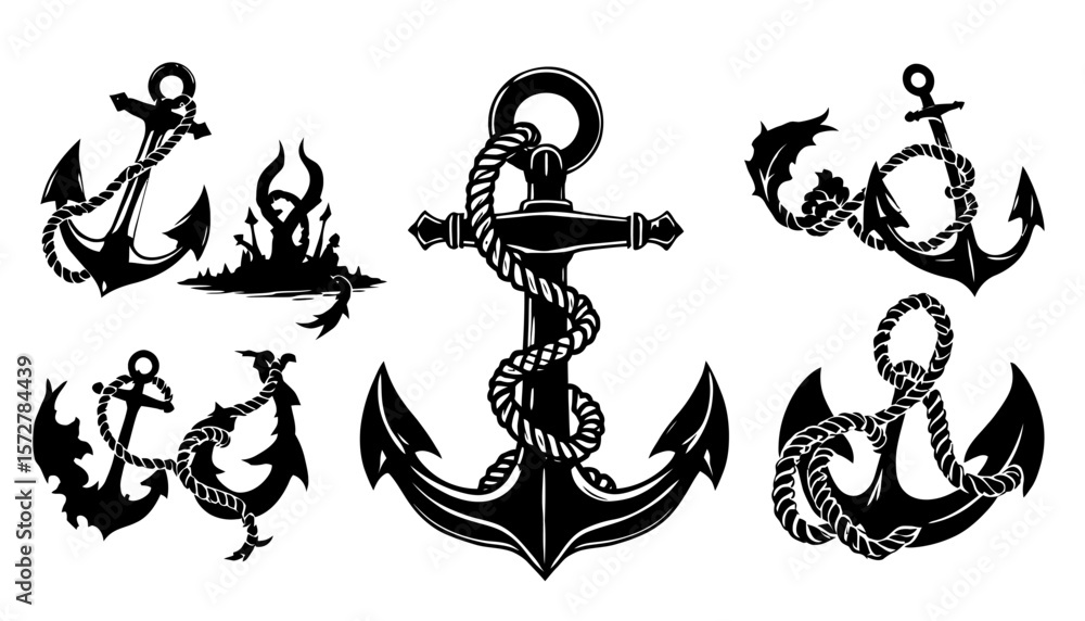 Poster a collection of intricately designed black and white vector anchors, each with unique rope detailing