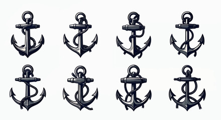 A collection of stylized black anchor illustrations in various orientations, rendered as a vector graphic on a clean white background, ideal for nautical or maritime design projects.