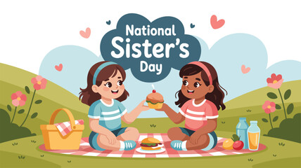 National sister's day celebration picnic illustration, happy sisters sharing food and love in park