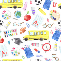 Back to school watercolor seamless pattern with classroom supplies and stationery items. Hand drawn creative class education backdrop perfect for fabric textile and wallpaper