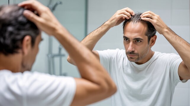 Man checking hair loss in bathroom mirror. Hair thinning concern, scalp care, and male grooming concept.