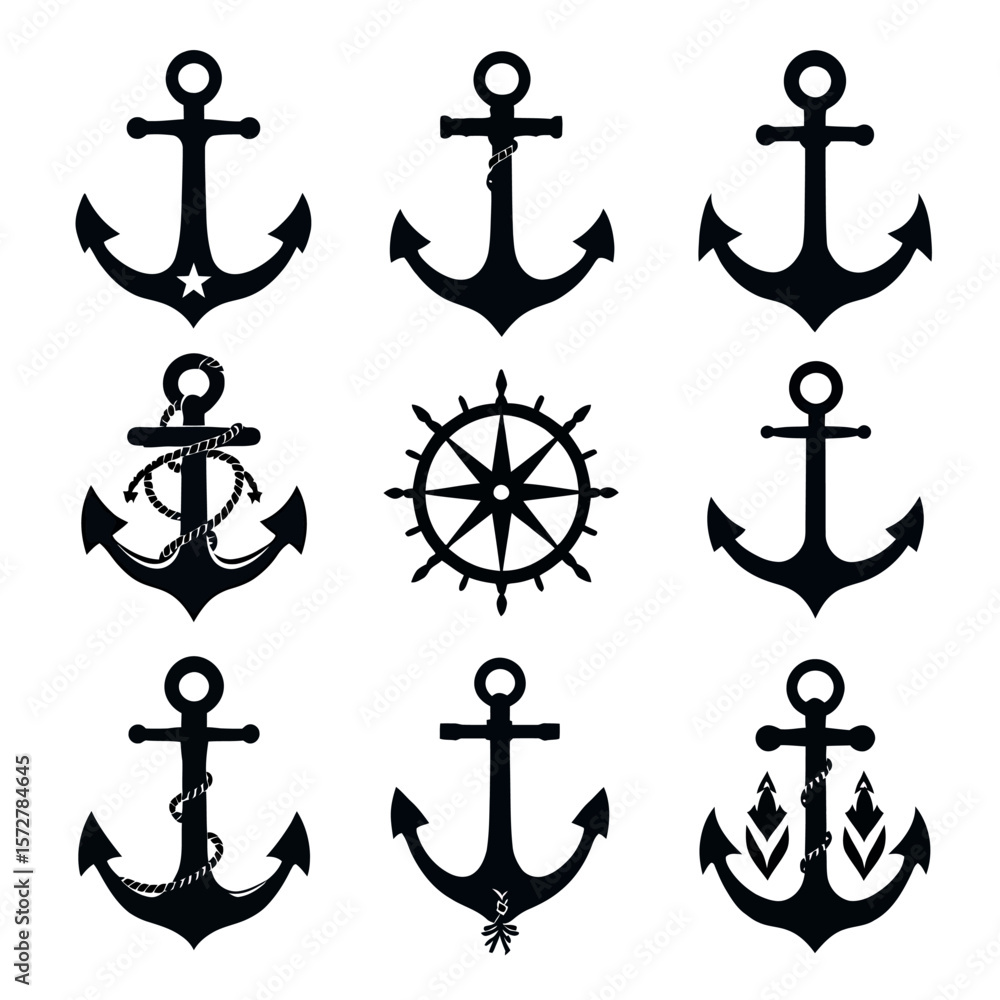 Poster a versatile set of black anchor vector graphics, featuring different styles and details, perfect for
