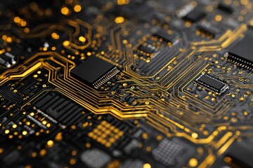 High contrast image of a black PCB with golden circuits and solder joints 
