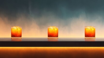 Three cocktails with vibrant orange hues on a sleek bar
