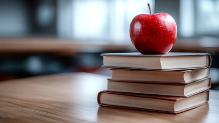 Red apple resting on stack of books in classroom setting symbolizing education