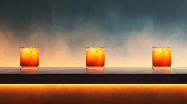 Three cocktails with vibrant orange hues on a sleek bar