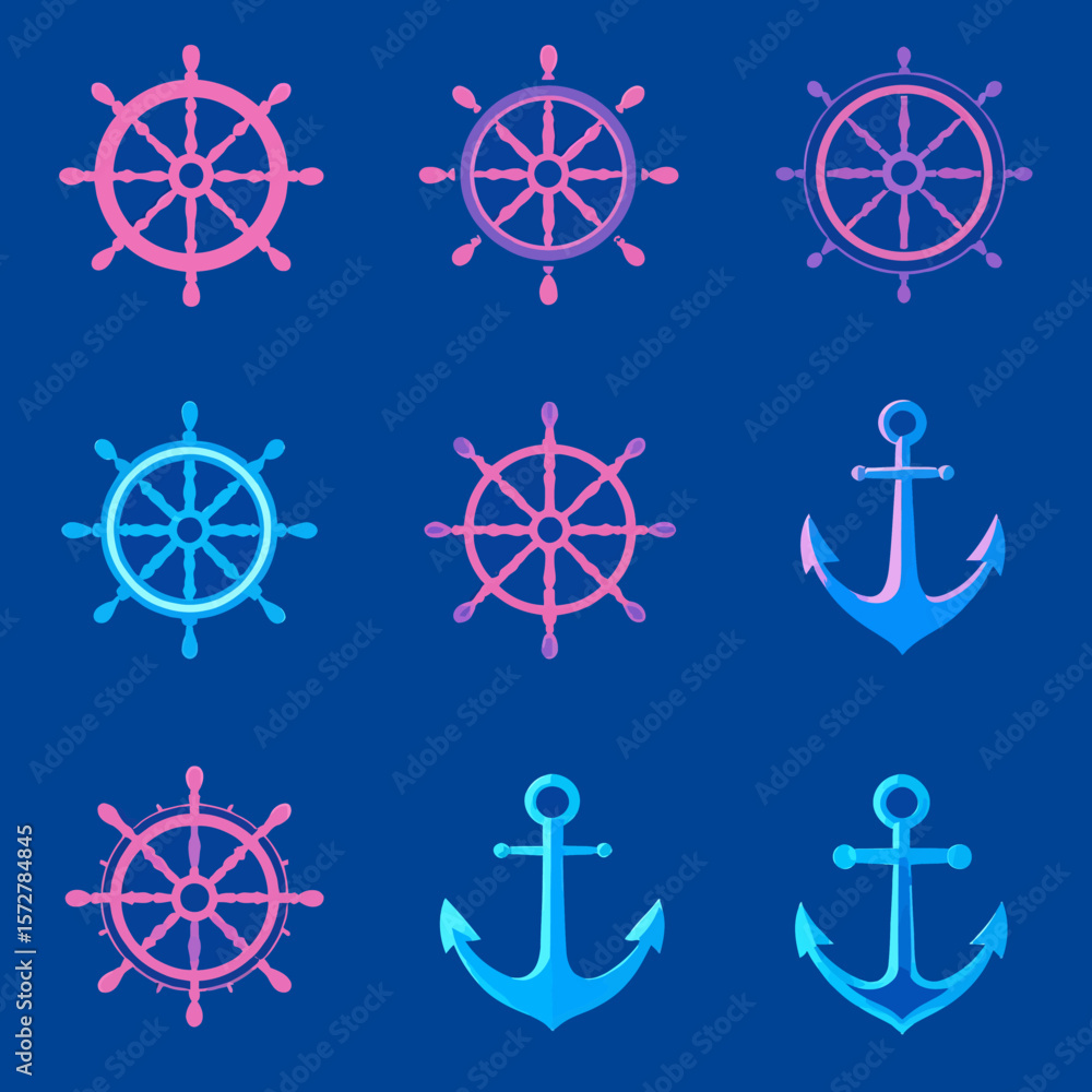 Poster a collection of nautical icons featuring ship wheels and anchors, presented as a clean, modern vecto