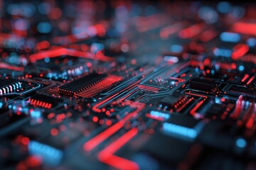 Illustration of a futuristic circuit design glowing with red and blue accents, digital style 