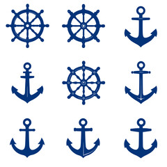 Collection of nautical symbols including anchors and ship wheels in a clean, classic blue vector design, perfect for maritime themes.