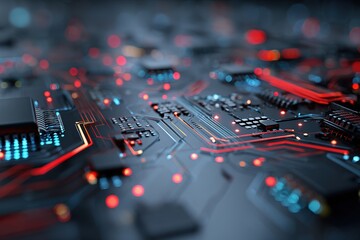Illustration of a futuristic circuit design glowing with red and blue accents, digital style 