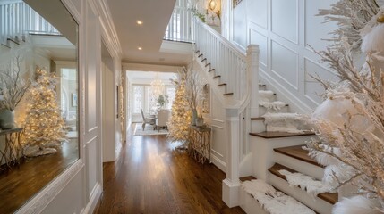 A decorated staircase and hallway with Christmas tree and festive red, green, and gold ornaments.