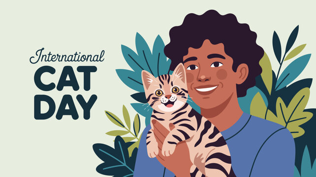 International cat day celebration with happy man holding cute kitten vector illustration