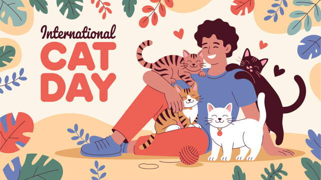 International cat day celebration illustration vector design with happy man and cats around