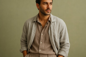 Fototapeta premium Confident young man in casual linen outfit gazing thoughtfully against a neutral background, showcasing relaxed modern