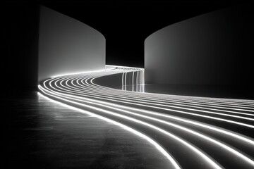 Minimalist white light lines bending and curving through a gradient dark space 
